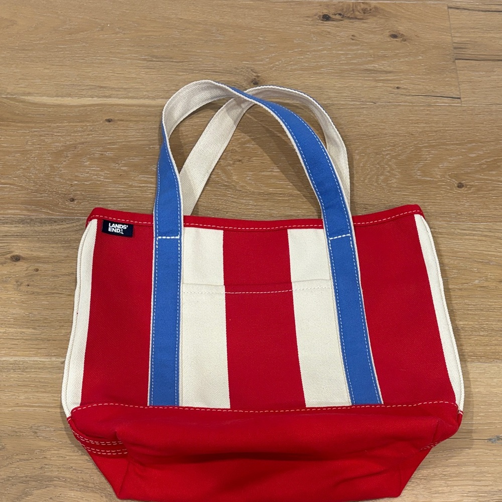Lands' End Red and Cream Tote with Blue Straps